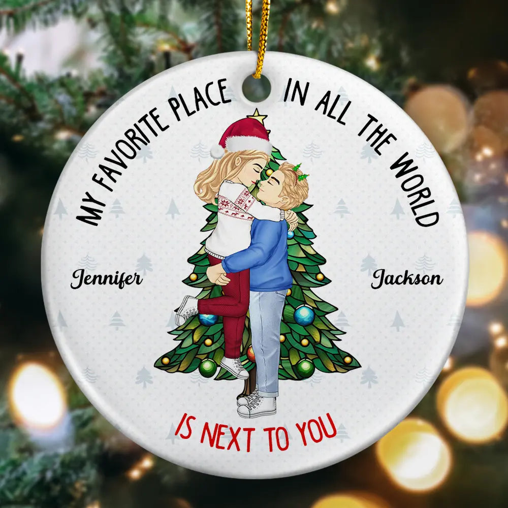 Christmas,Gift For Couples,Gift For Husband,Gift For Wife,Gift For Boyfriend,Gift For Girlfriend,Happy - Christmas Couple Kissing My Favorite Place In All The World - Personalized Circle Ceramic Ornament