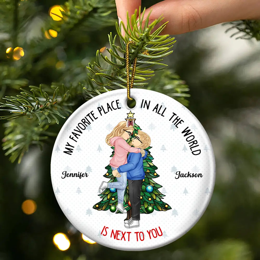 Christmas,Gift For Couples,Gift For Husband,Gift For Wife,Gift For Boyfriend,Gift For Girlfriend,Happy - Christmas Couple Kissing My Favorite Place In All The World - Personalized Circle Ceramic Ornament