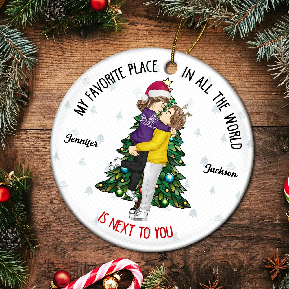 Christmas,Gift For Couples,Gift For Husband,Gift For Wife,Gift For Boyfriend,Gift For Girlfriend,Happy - Christmas Couple Kissing My Favorite Place In All The World - Personalized Circle Ceramic Ornament