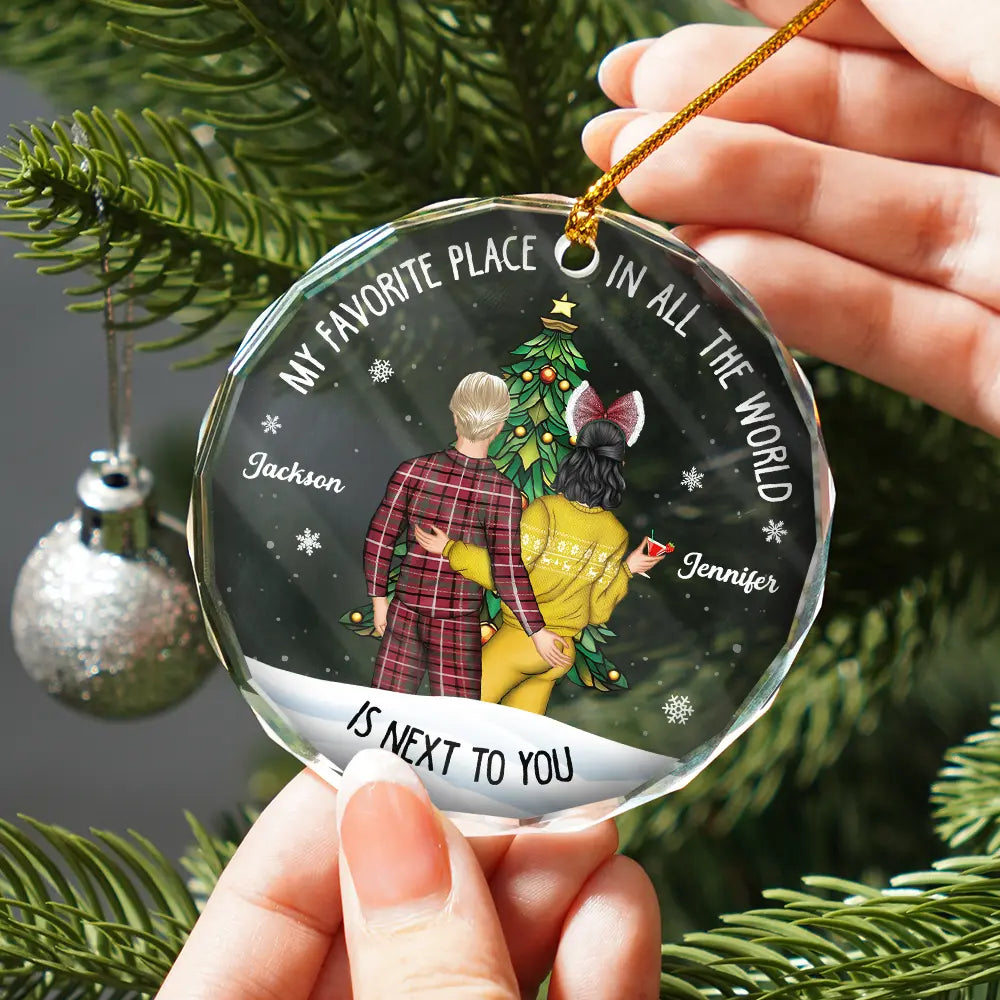 Gift For Couples, Gift For Husband, Gift For Wife, Gift For Boyfriend, Gift For Girlfriend - Christmas Backview My Favorite Place In All The World - Personalized Glass Ornament