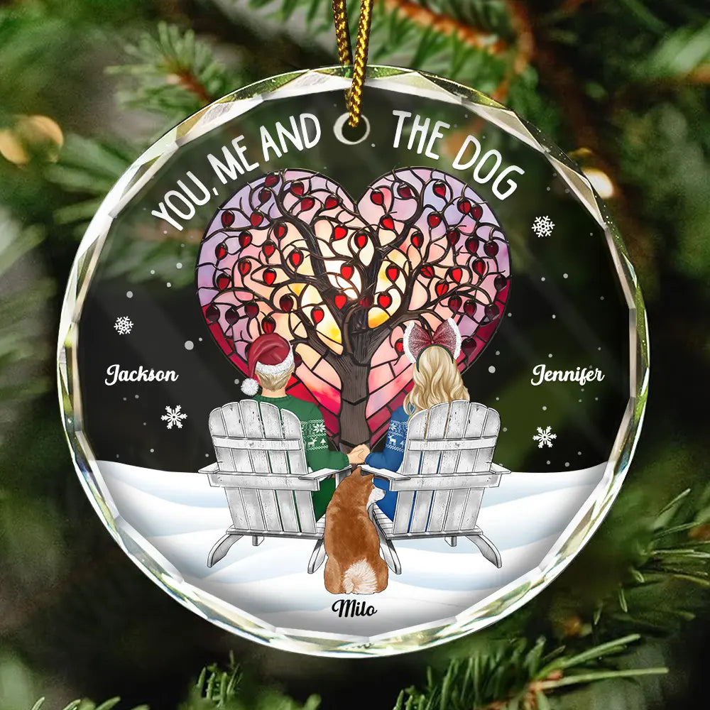 Gift For Couples,Gift For Husband,Gift For Wife,Gift For Boyfriend,Gift For Girlfriend,Dog Lovers,Pet Lovers,Dog Mom,Dog Couple,Cat Lovers,Cat Mom,Cat Couple,Pet Mom,Pet Couple,Dog Dad,Cat Dad,Pet Dad,Christmas,Love - Christmas Love Tree You, Me And The Dog Cat - Personalized Circle Glass Ornament