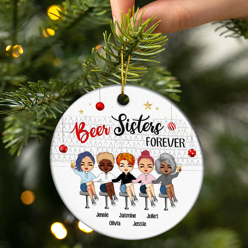 Christmas Drinking Besties Wine Sisters Forever - Personalized Custom Circle Ceramic Ornament