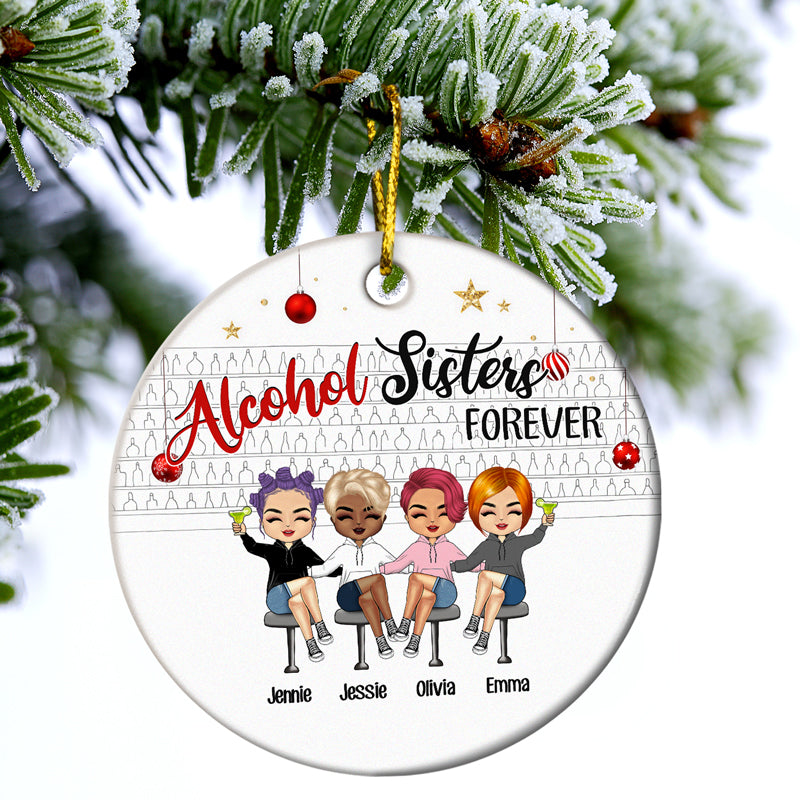 Christmas Drinking Besties Wine Sisters Forever - Personalized Custom Circle Ceramic Ornament