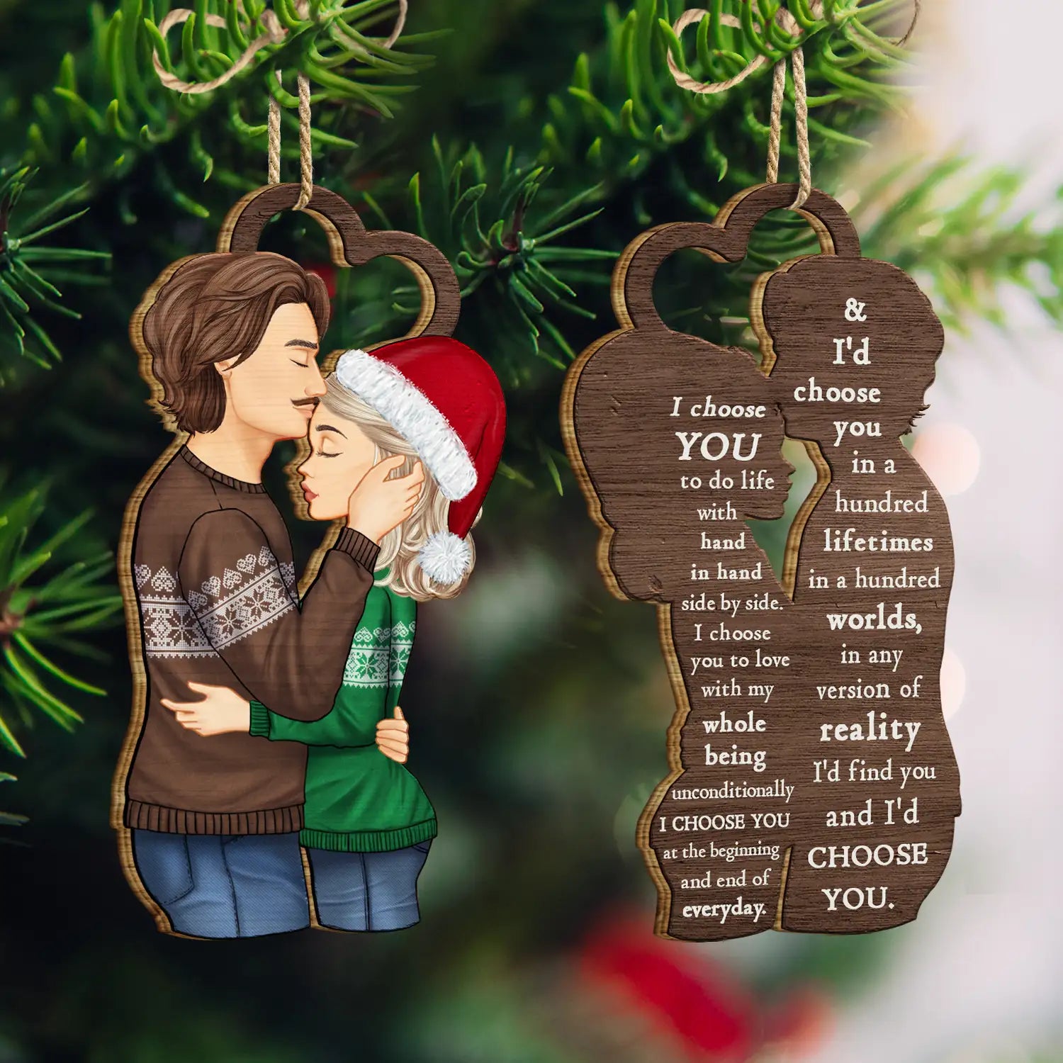 Christmas Couple Side View I Choose You - Gift For Couples - Personalized Wooden Ornament Print 2 Sides