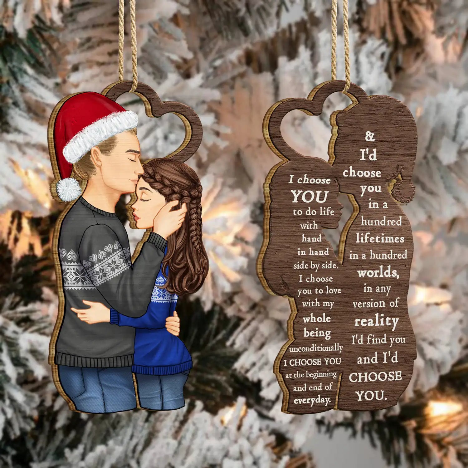 Christmas Couple Side View I Choose You - Gift For Couples - Personalized Wooden Ornament Print 2 Sides