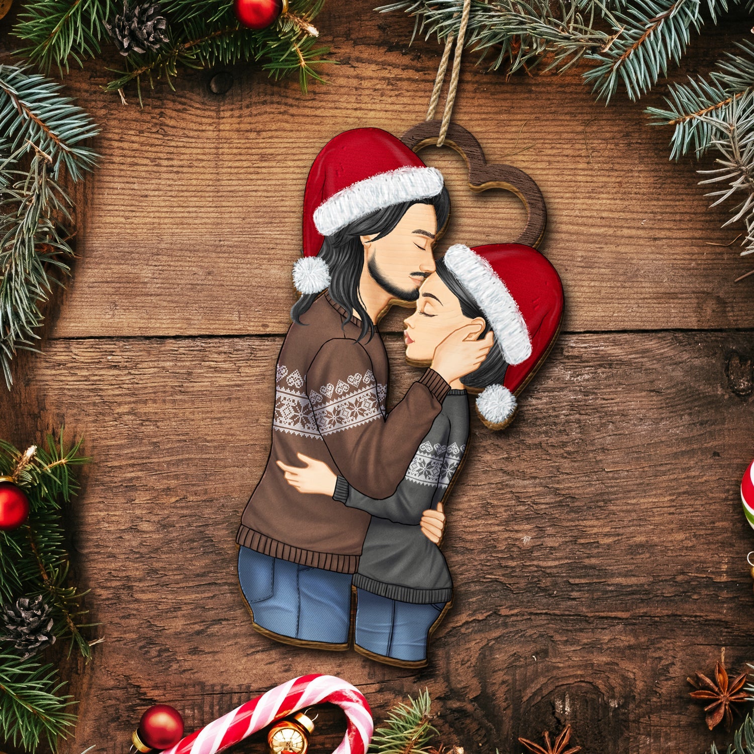 Christmas Couple Side View I Choose You - Gift For Couples - Personalized Wooden Ornament Print 2 Sides