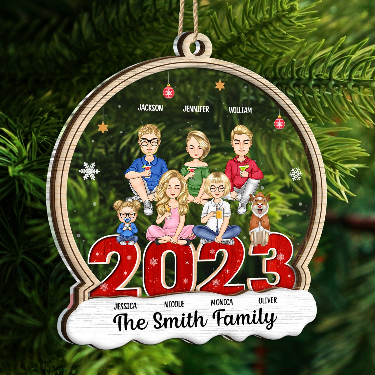 Christmas Family With Pets Custom Name - Gift For Family - Personalized 2-Layered Mix Ornament