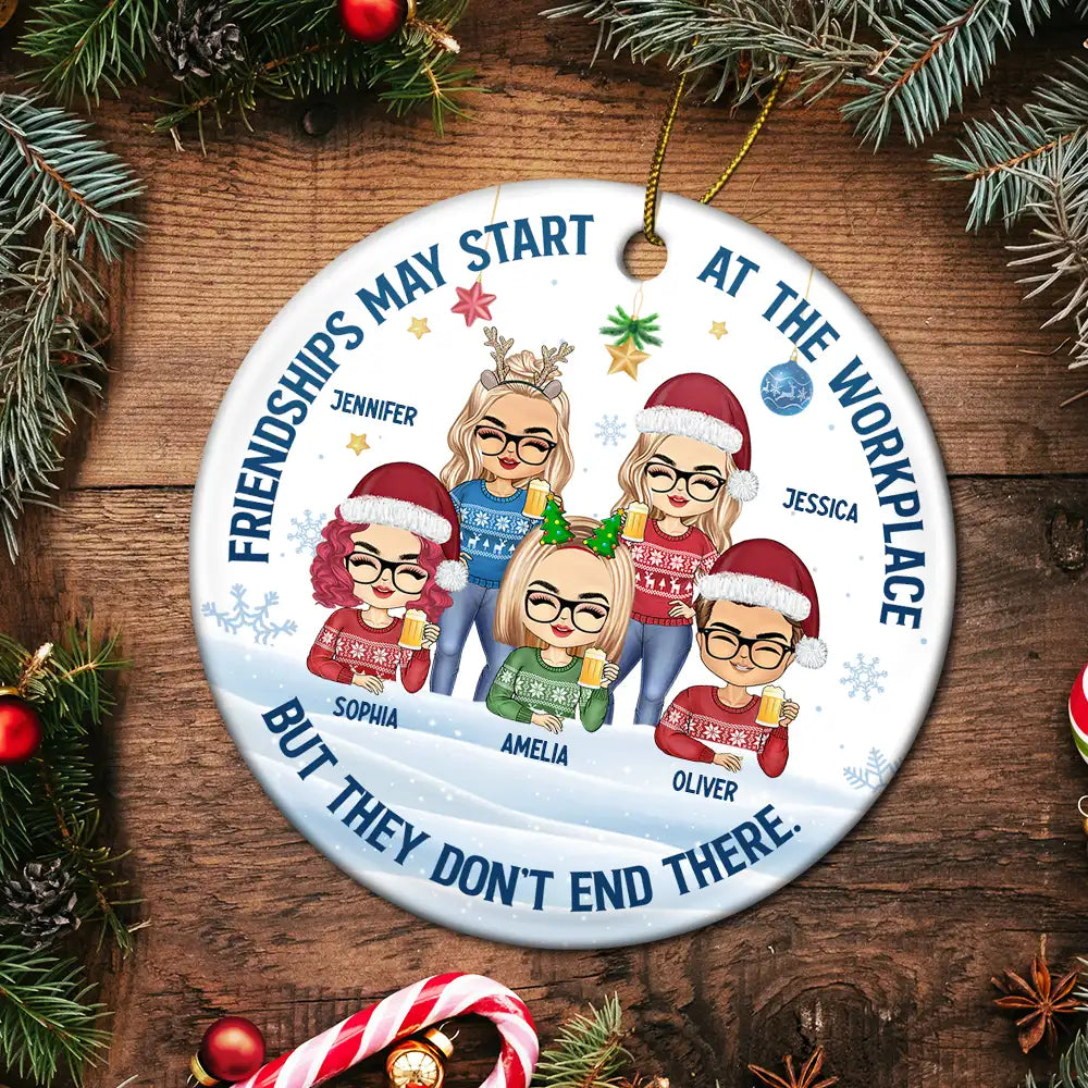 Friendships May Start At The Workplace Christmas Colleagues Chibi - Personalized Circle Ceramic Ornament