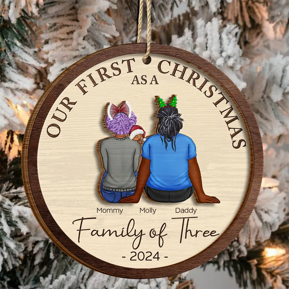 Christmas,Happy,Family,Parents,New baby,New Dad,New Mom - First Christmas As A Family Of Three New Parents - Personalized 2-Layered Wooden Ornament