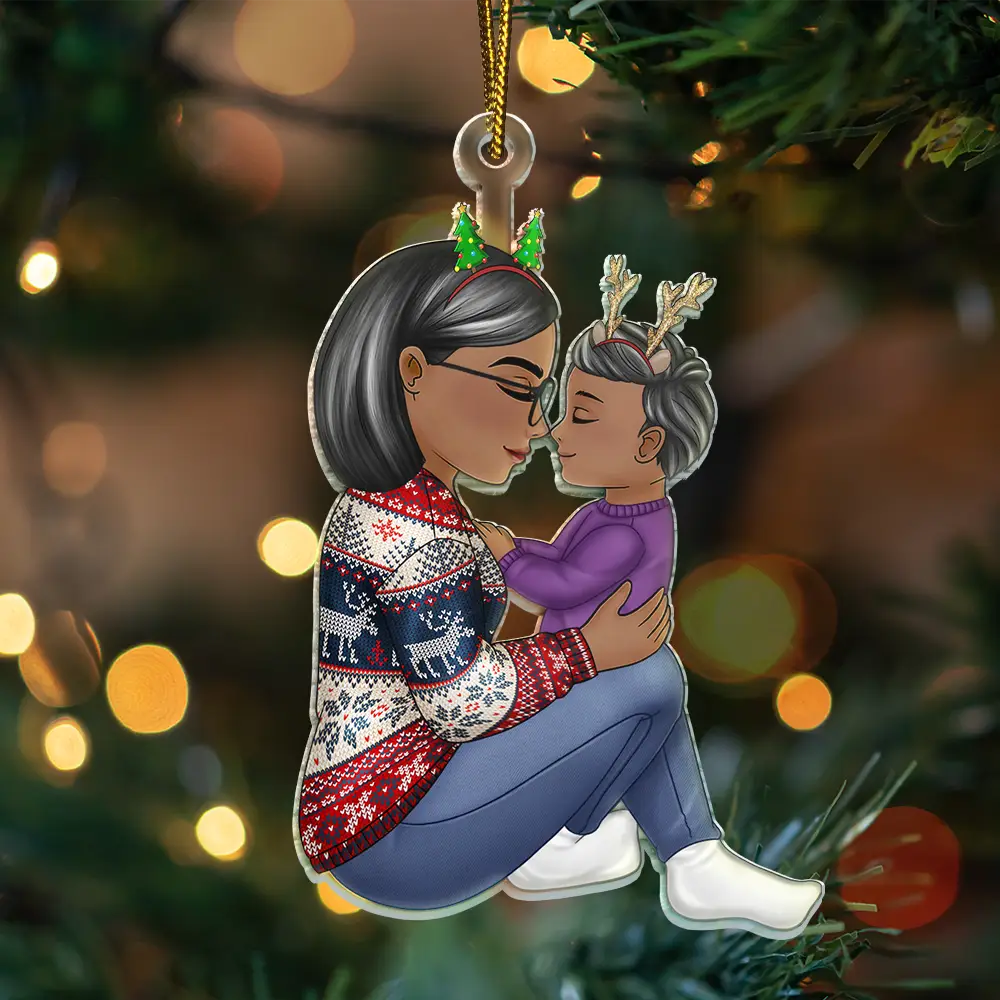 Gift For Grandma, Gift For Mother - Grandma Mom And Grandkid Kid Chibi Sideview - Personalized Cutout Acrylic Ornament