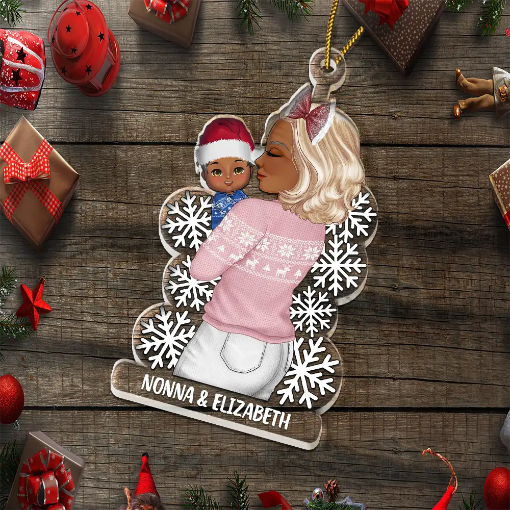 Gift For Grandma, Gift For Mother Grandma Mom And Grandkid Kid Chibi Custom Name - Personalized Cutout Acrylic Ornament