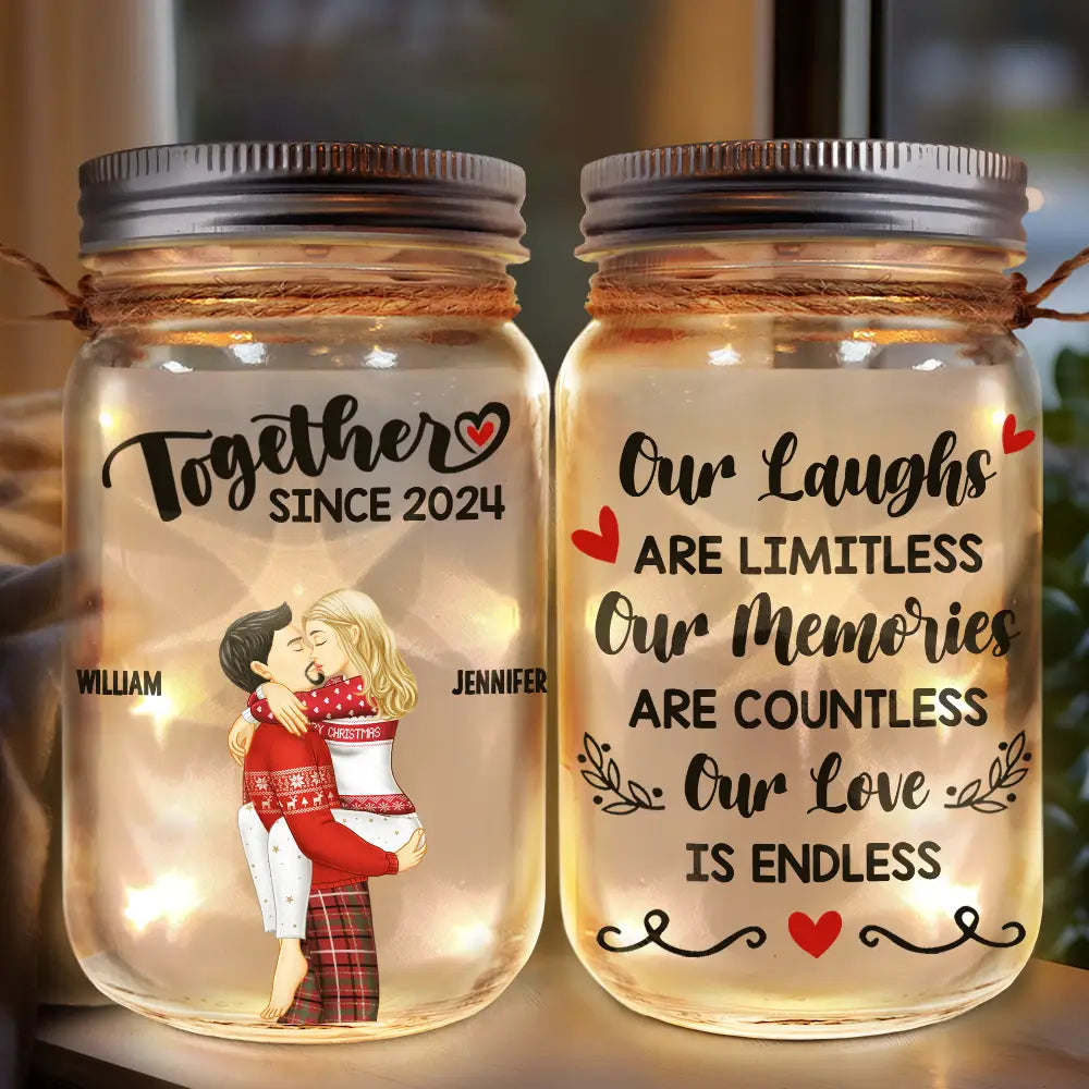 Gift For Couples - Kissing Couple Our Memories Are Countless Our Love Is Endless - Personalized Mason Jar Light