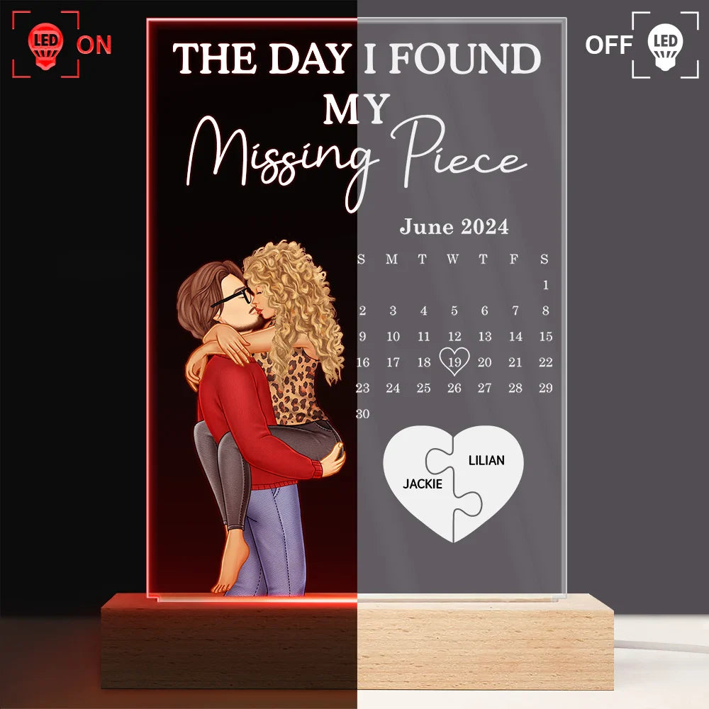 Gift For Couples, Gift For Husband, Gift For Wife, Gift For Boyfriend, Gift For Girlfriend - The Day I Found My Missing Piece Kissing Couples Calendar - Personalized 3D Led Light Wooden Base