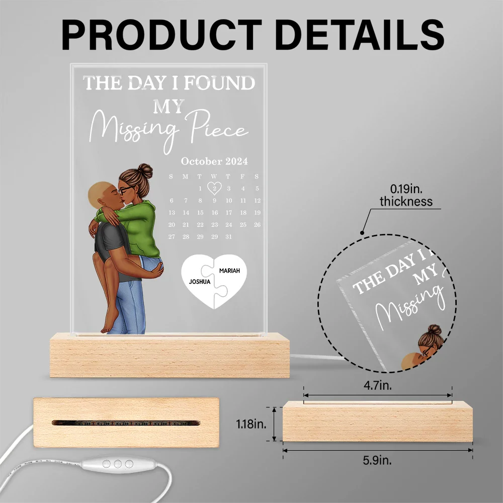 Gift For Couples, Gift For Husband, Gift For Wife, Gift For Boyfriend, Gift For Girlfriend - The Day I Found My Missing Piece Kissing Couples Calendar - Personalized 3D Led Light Wooden Base