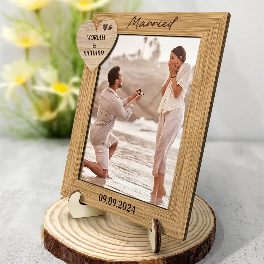 Wedding, Gift For Couples, Gift For Husband, Gift For Wife, Gift For Boyfriend, Gift For Girlfriend  - Custom Photo Engagement Couple - Personalized 2-Layered Wooden Plaque With Stand
