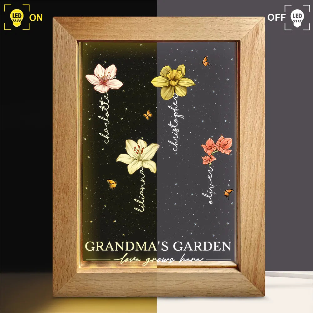 Gift For Mother, Gift For Grandma, Gift For Women - Grandma's Garden Birth Month Flowers - Personalized Frame Lamp