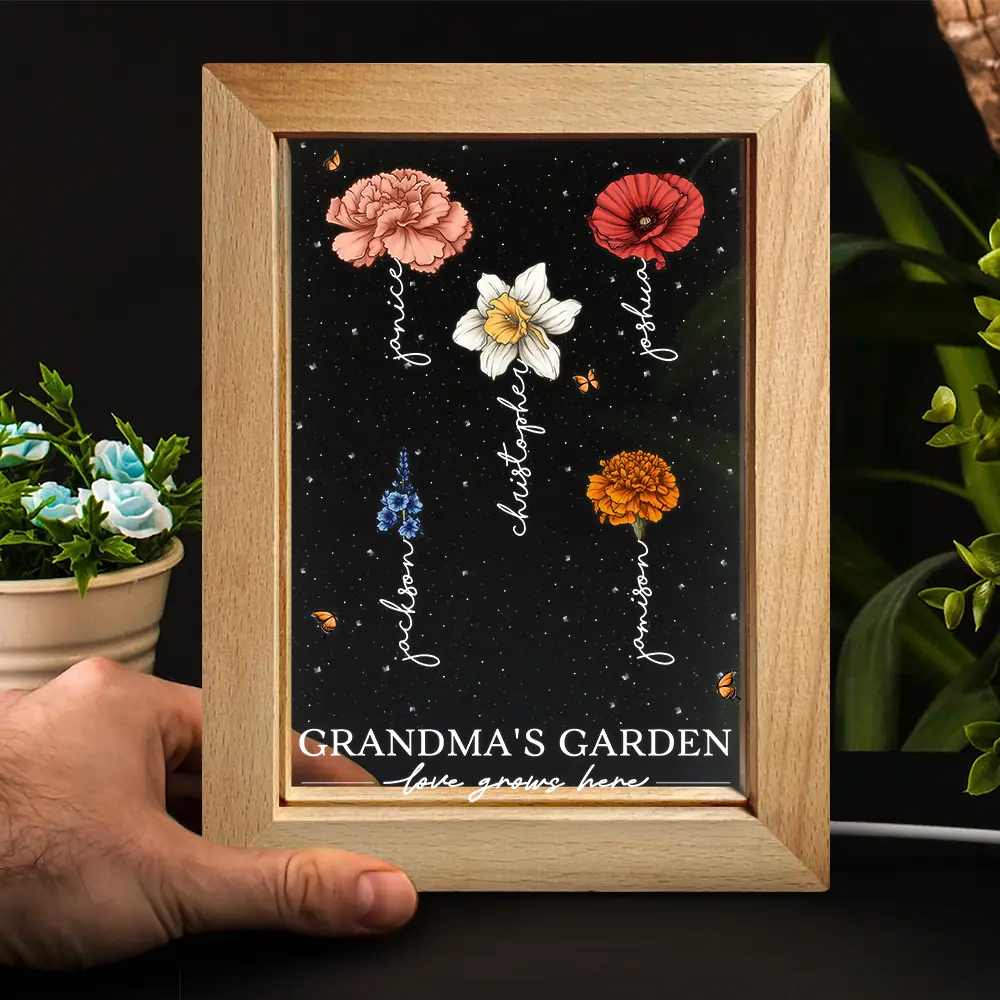 Gift For Mother, Gift For Grandma, Gift For Women - Grandma's Garden Birth Month Flowers - Personalized Frame Lamp