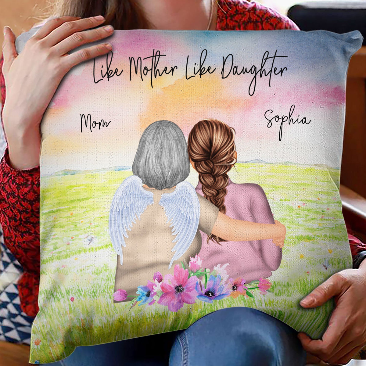 Mother & Daughter Forever Linked Together Watercolor Style - Gift For Mom, Daughter & Grandma - Personalized Custom Pillow