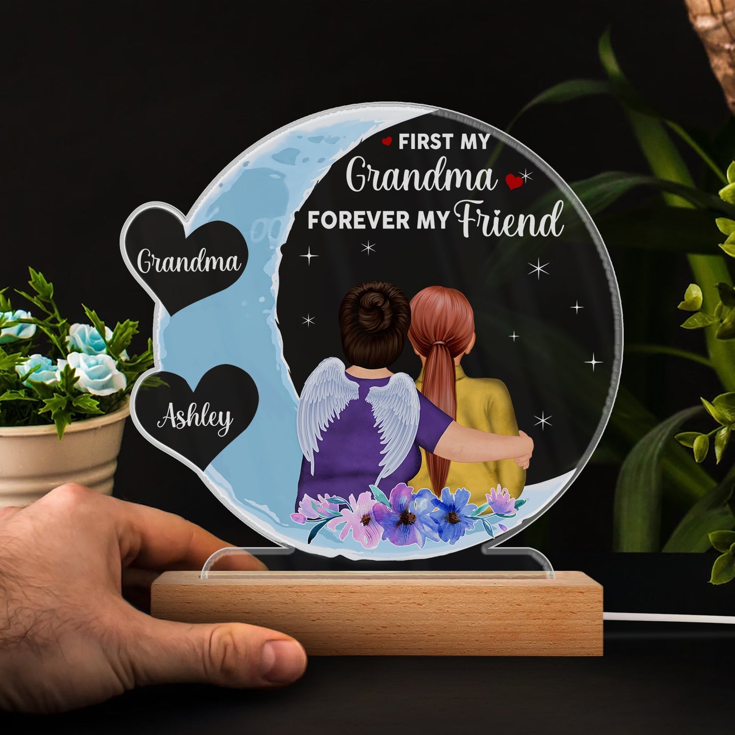 Mother & Daughter Love You To The Moon And Back - Birthday, Loving Gift For Mom, Grandma, Grandmother, Granddaughter - Personalized Custom 3D Led Light Wooden Base