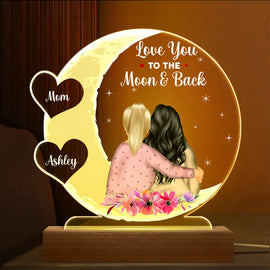 Mother & Daughter Love You To The Moon And Back - Birthday, Loving Gift For Mom, Grandma, Grandmother, Granddaughter - Personalized Custom 3D Led Light Wooden Base