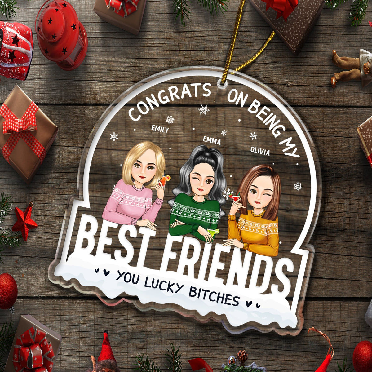 Christmas Congrats On Being My Besties Cartoon Drinking - Gift For Bestie - Personalized Custom Shaped Acrylic Ornament