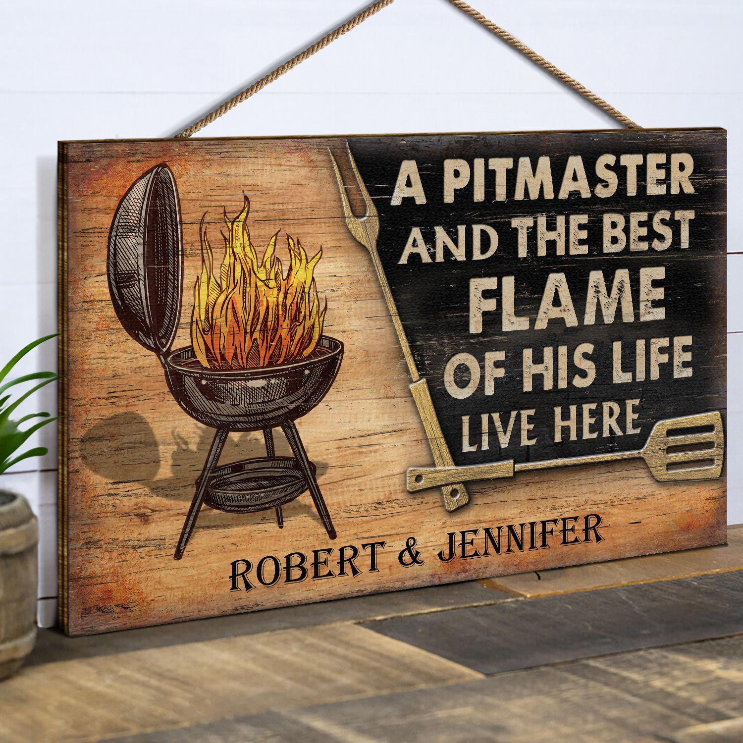 Personalized Grilling Couple Pitmaster Customized Wood Rectangle Sign