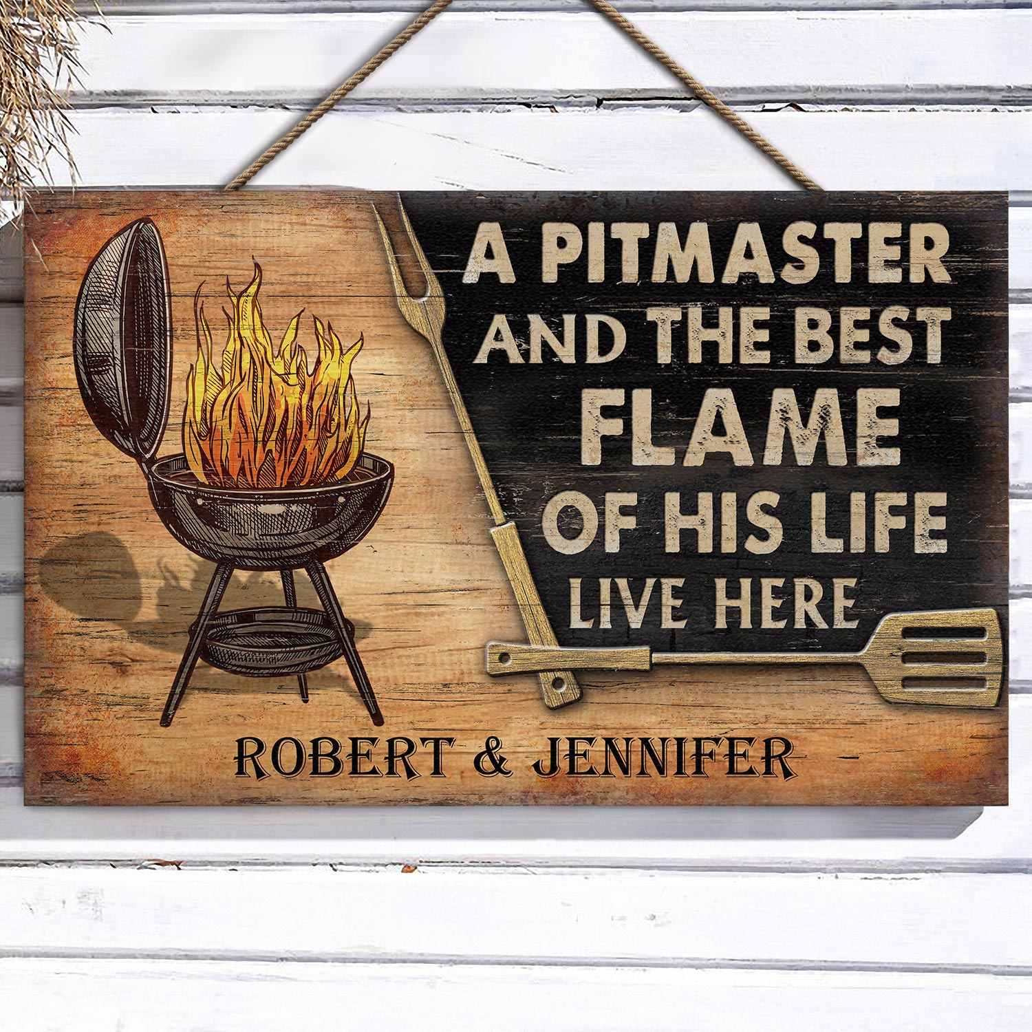 Personalized Grilling Couple Pitmaster Customized Wood Rectangle Sign