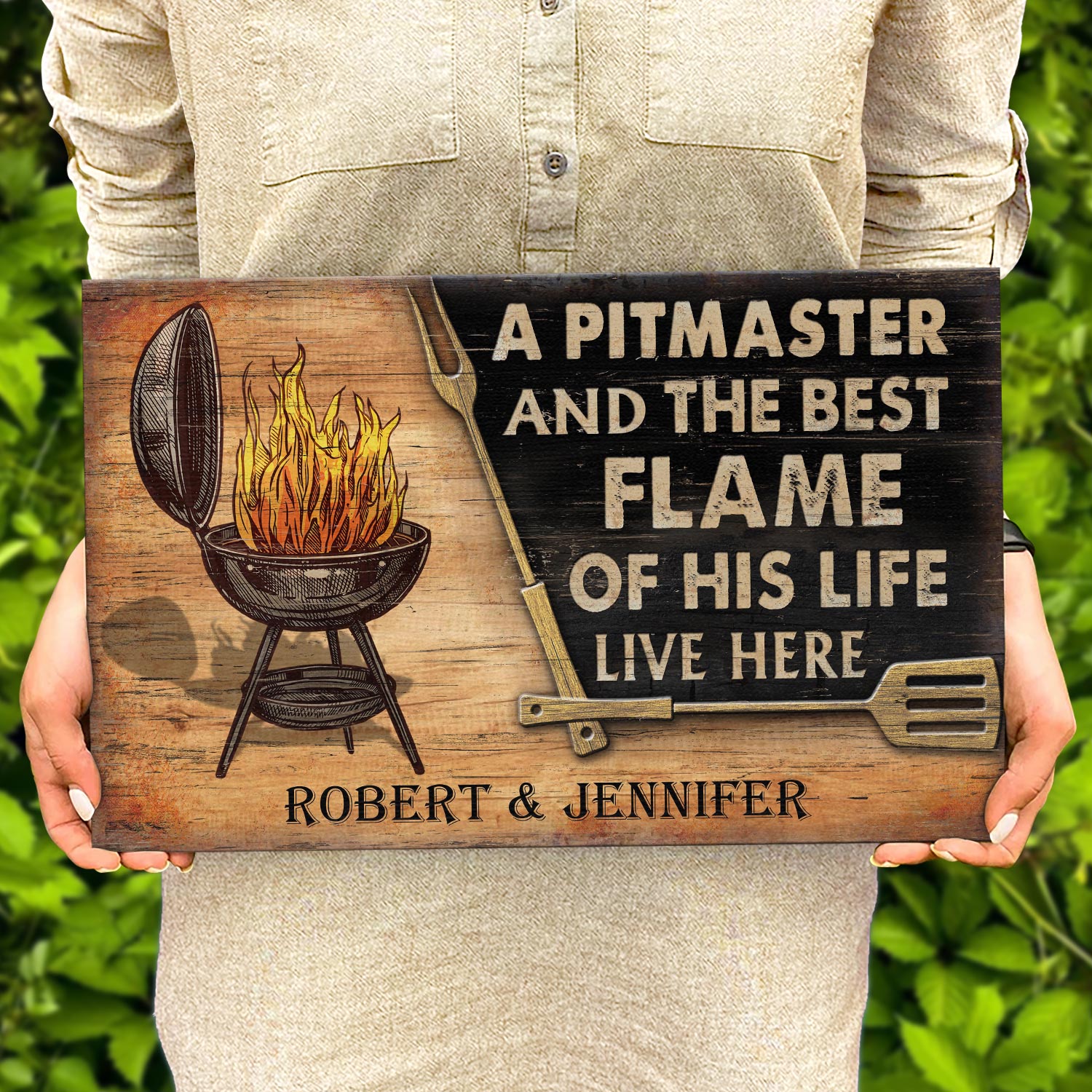 Personalized Grilling Couple Pitmaster Customized Wood Rectangle Sign