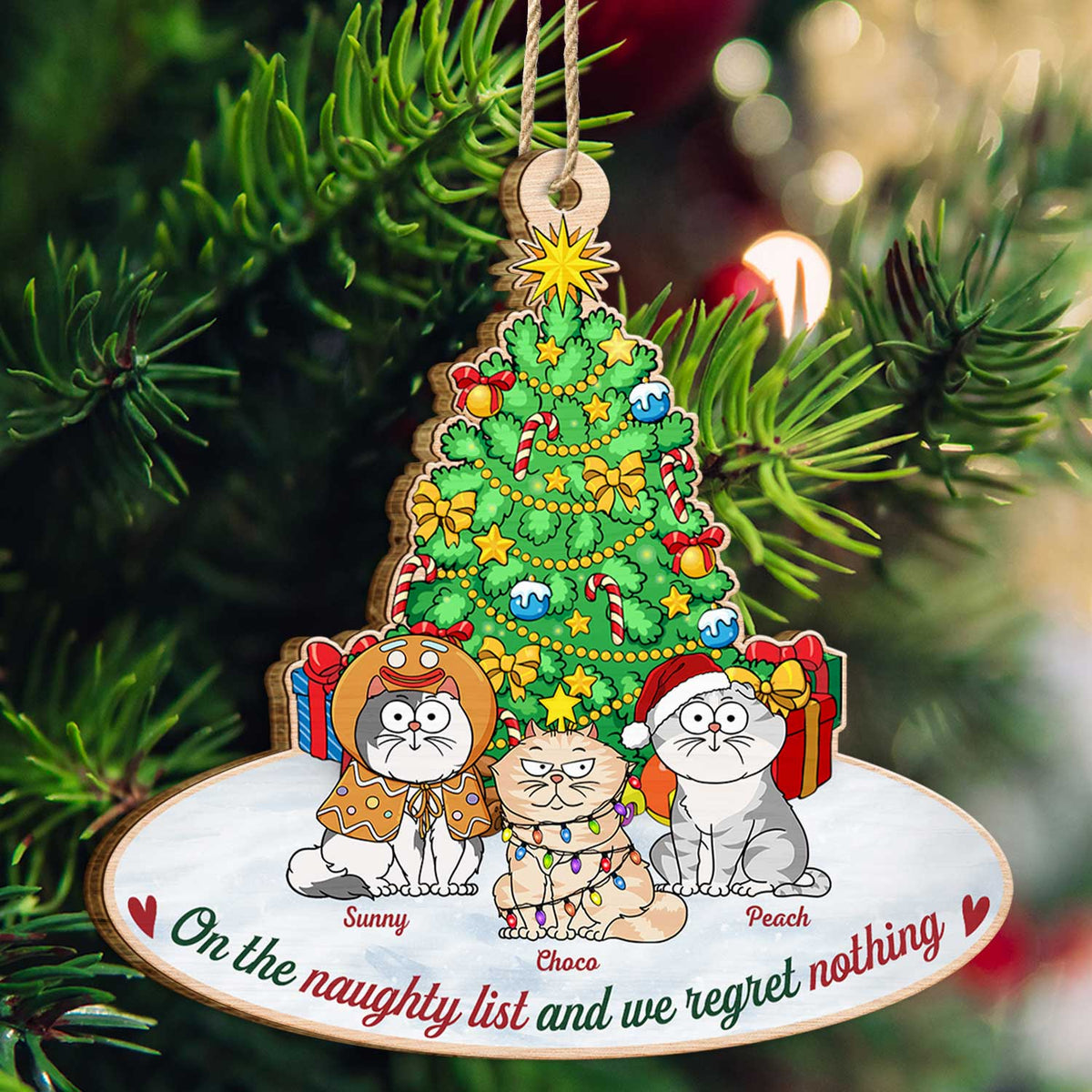 On The Naughty List & We Regret Nothing Funny Cartoon Cats - Christmas Gift For Cat Lovers - Personalized Custom Shaped Wooden Ornament