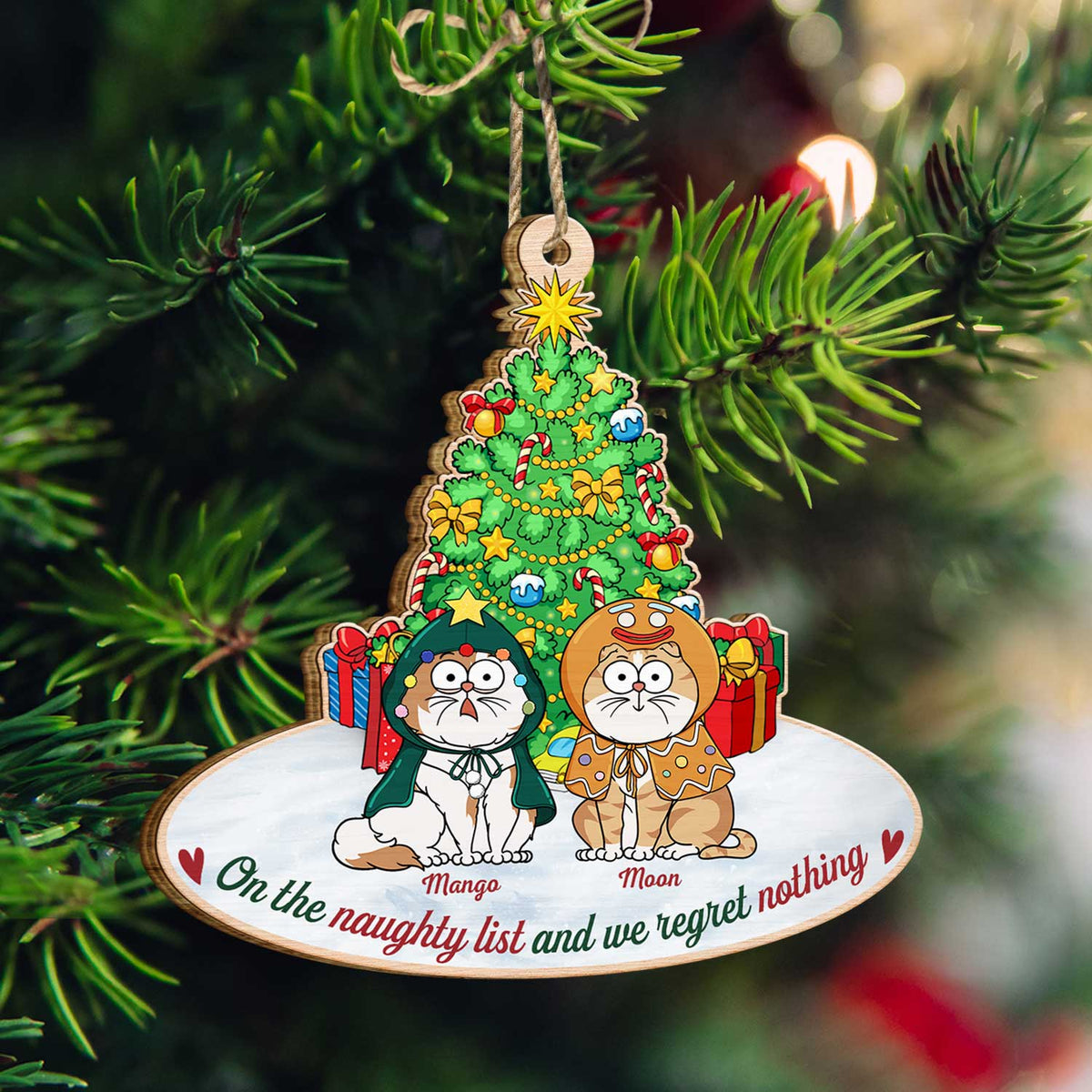 On The Naughty List & We Regret Nothing Funny Cartoon Cats - Christmas Gift For Cat Lovers - Personalized Custom Shaped Wooden Ornament