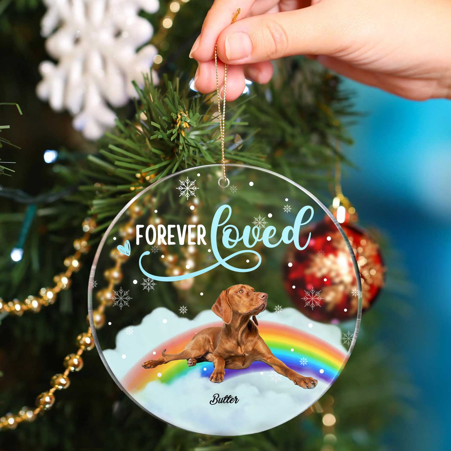 Custom Photo Forever Loved - Christmas Memorial Gift For Dog Lovers - Personalized Circle Acrylic Ornament