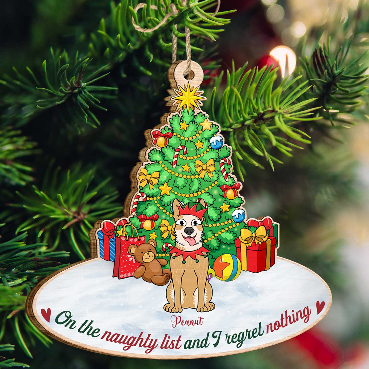 On The Naughty List & We Regret Nothing Funny Cartoon Dogs - Christmas Gift For Dog Lovers - Personalized Custom Shaped Wooden Ornament