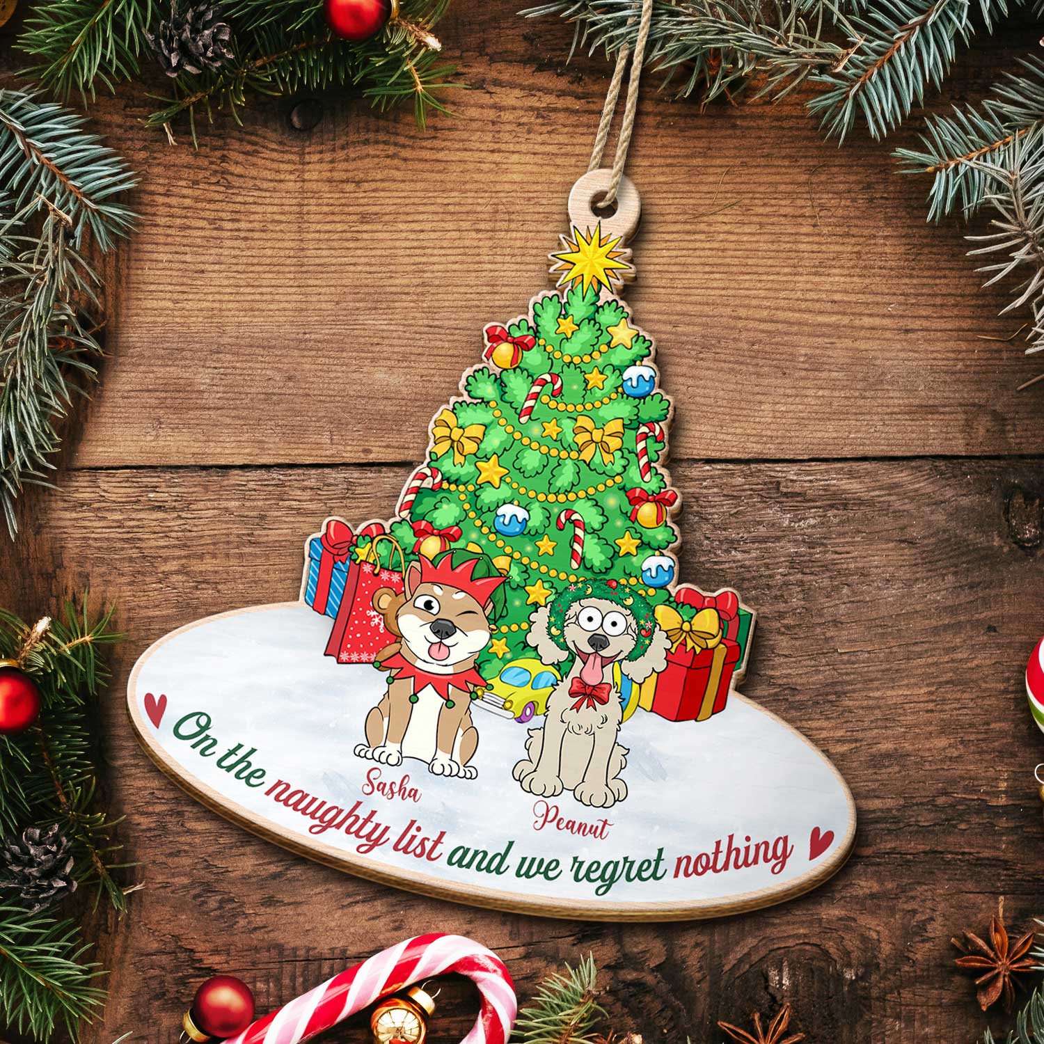 On The Naughty List & We Regret Nothing Funny Cartoon Dogs - Christmas Gift For Dog Lovers - Personalized Custom Shaped Wooden Ornament