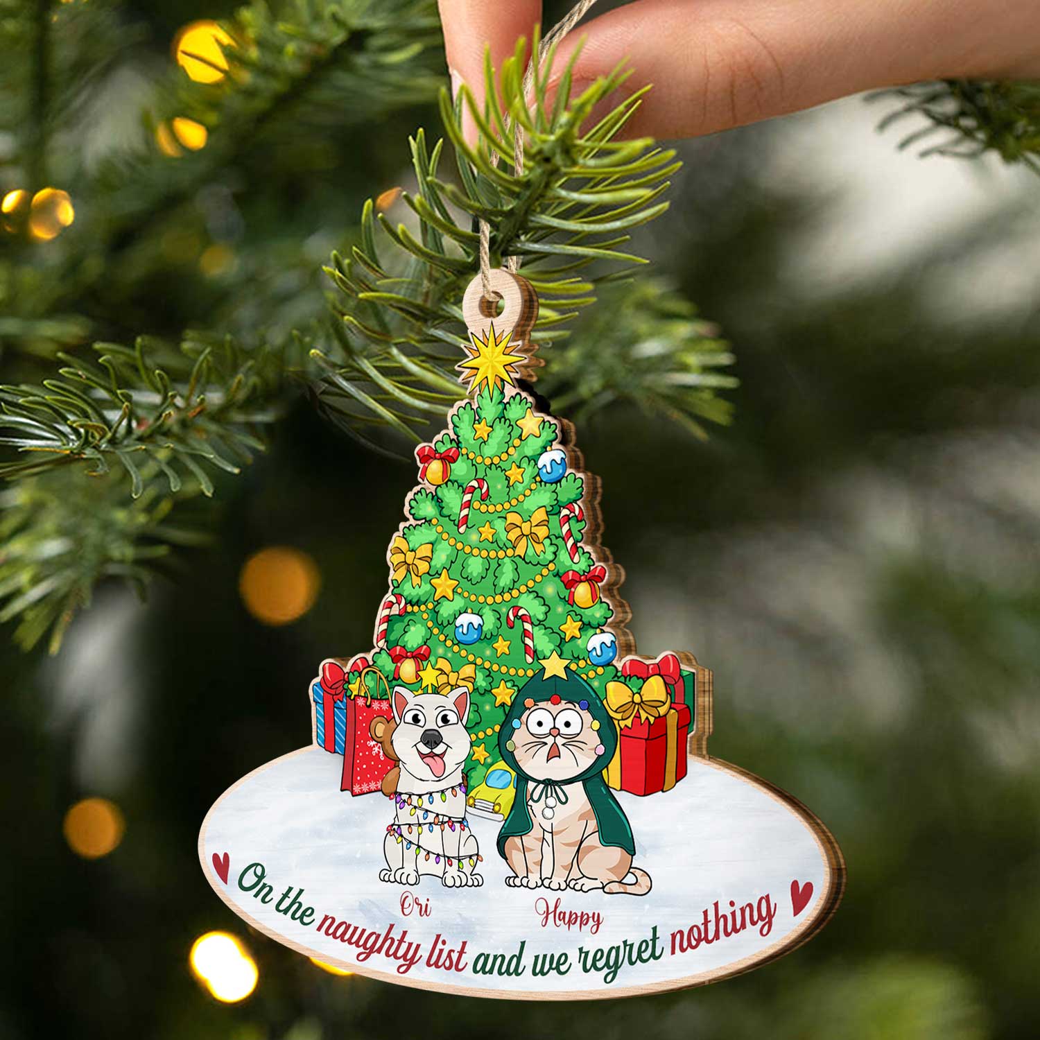 On The Naughty List & We Regret Nothing Funny Cartoon Dogs Cats - Christmas Gift For Pet Lovers - Personalized Custom Shaped Wooden Ornament