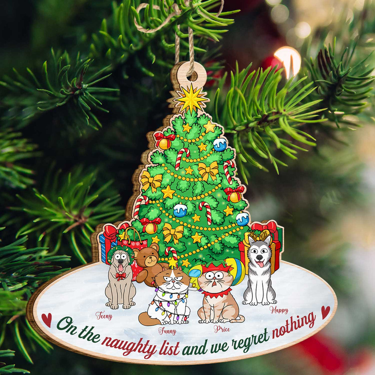 On The Naughty List & We Regret Nothing Funny Cartoon Dogs Cats - Christmas Gift For Pet Lovers - Personalized Custom Shaped Wooden Ornament