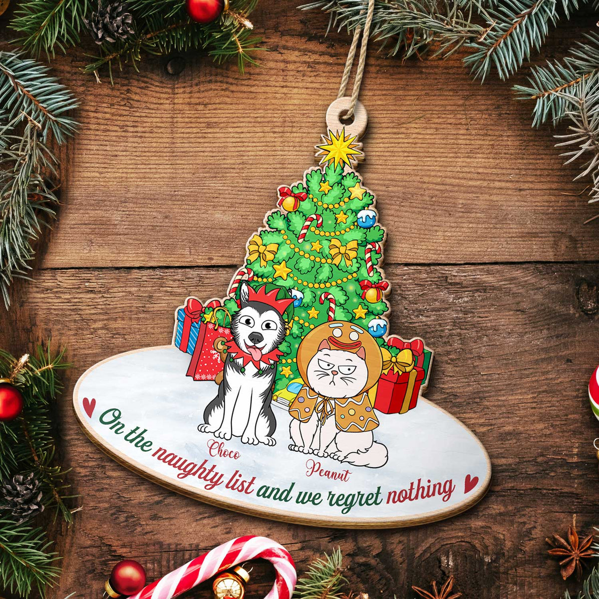 On The Naughty List & We Regret Nothing Funny Cartoon Dogs Cats - Christmas Gift For Pet Lovers - Personalized Custom Shaped Wooden Ornament