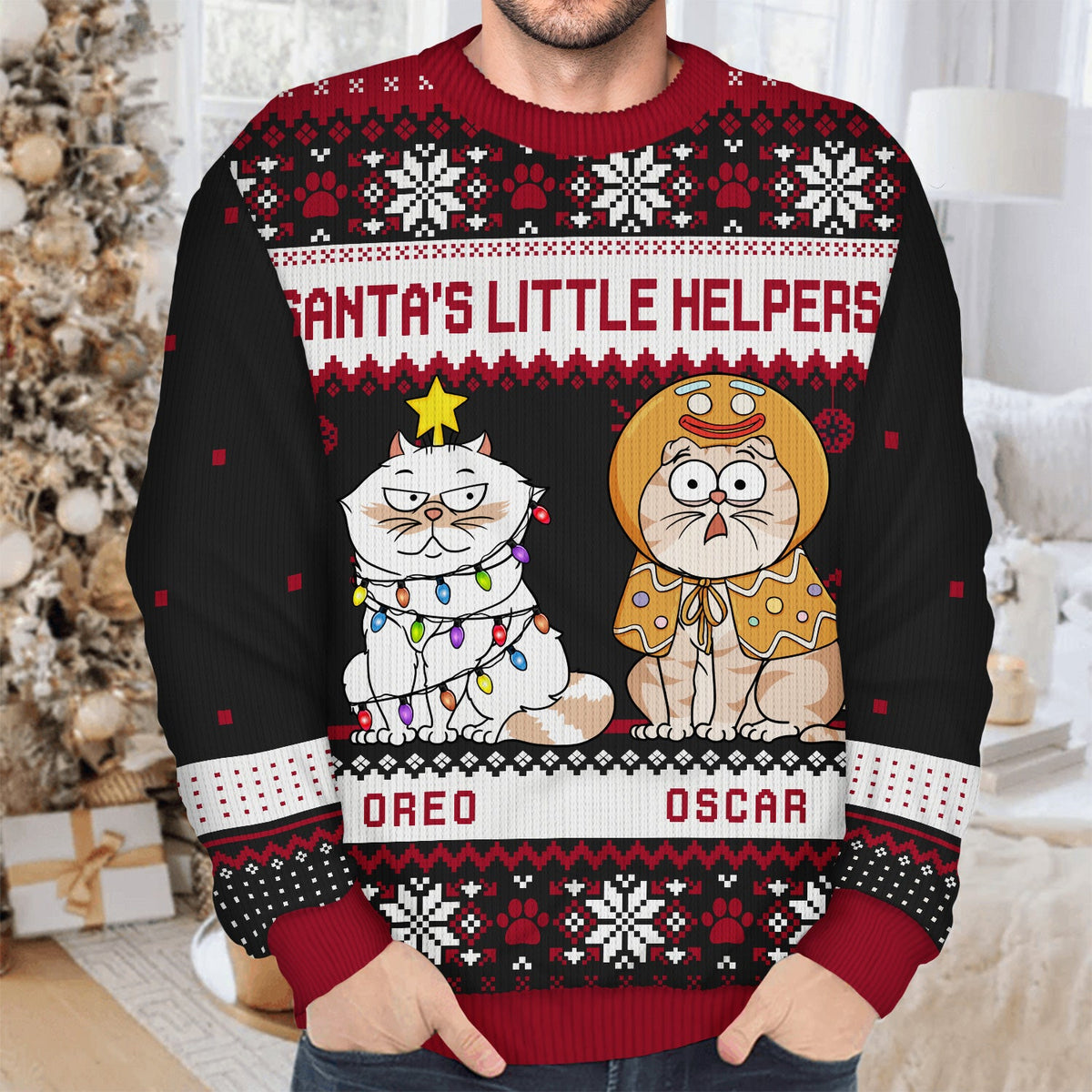 Happy Pawlidays Funny Cartoon Cats Dogs - Christmas Gift For Pet Lovers, Dog Lovers, Cat Lovers - Personalized Unisex Ugly Sweater