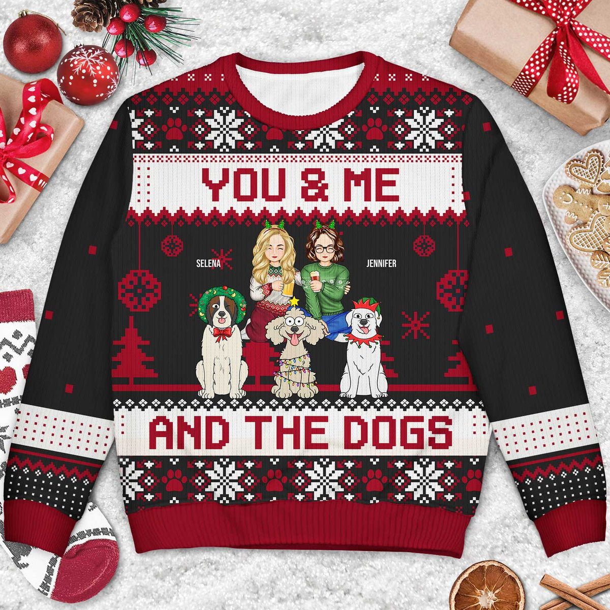 Couple You & Me And The Dogs Cartoon Style - Anniversary, Christmas Gift For Dog Lovers, Couples - Personalized Unisex Ugly Sweater