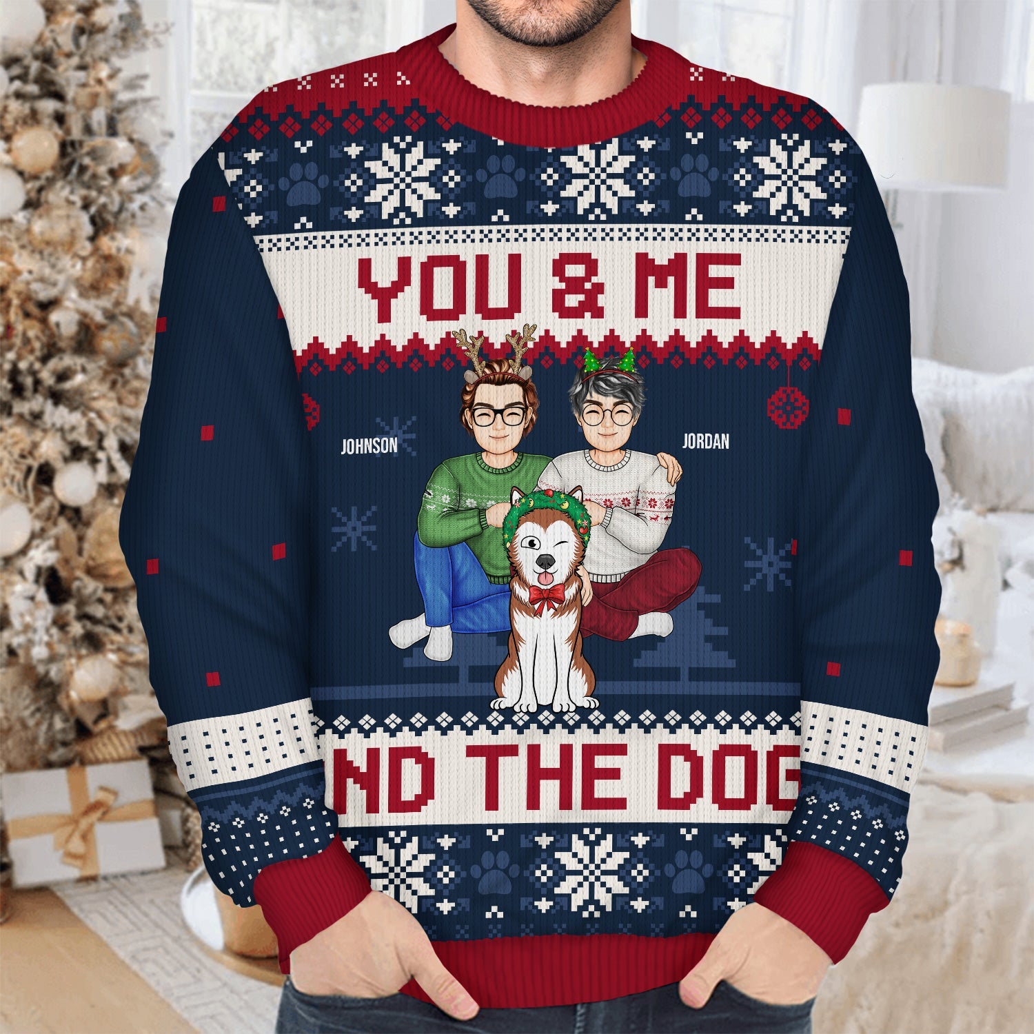 Couple You & Me And The Dogs Cartoon Style - Anniversary, Christmas Gift For Dog Lovers, Couples - Personalized Unisex Ugly Sweater