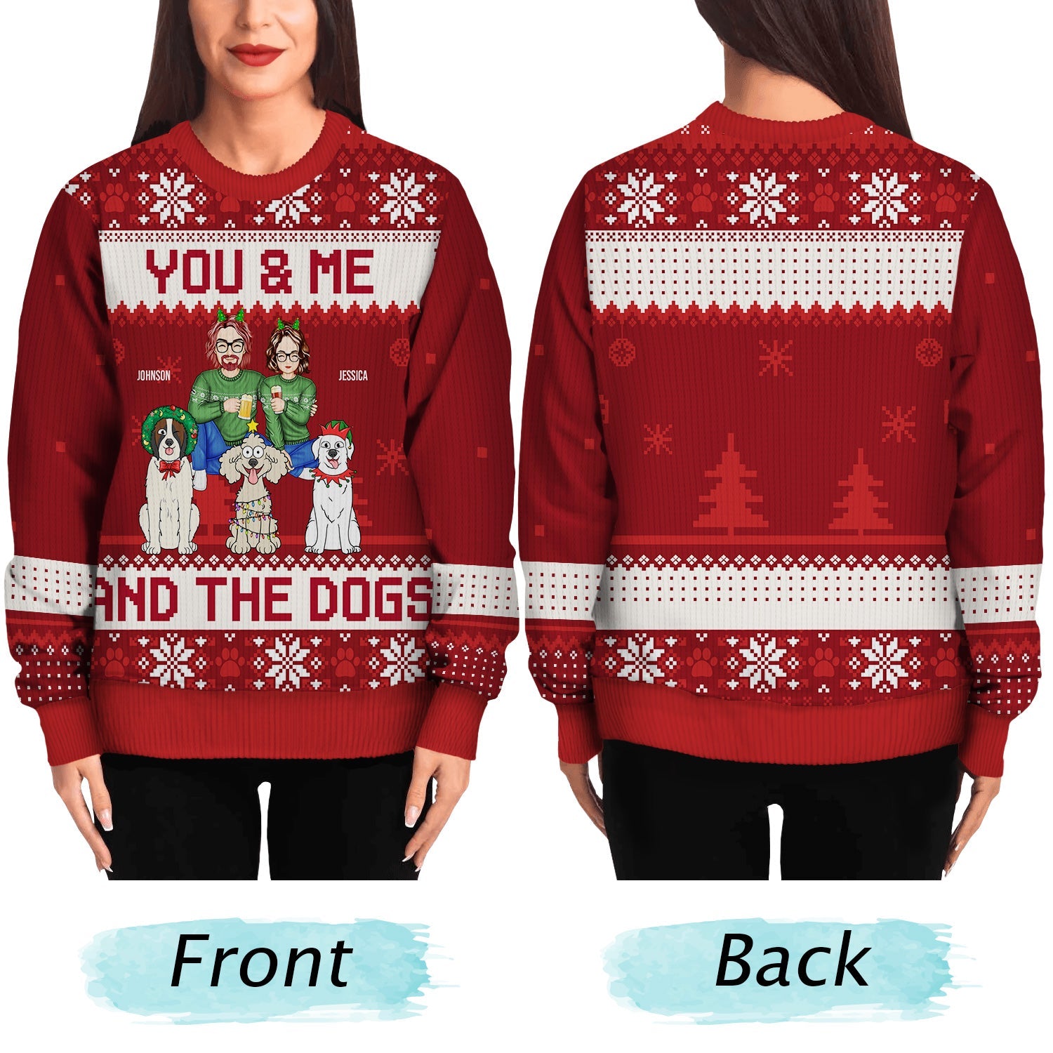 Couple You & Me And The Dogs Cartoon Style - Anniversary, Christmas Gift For Dog Lovers, Couples - Personalized Unisex Ugly Sweater