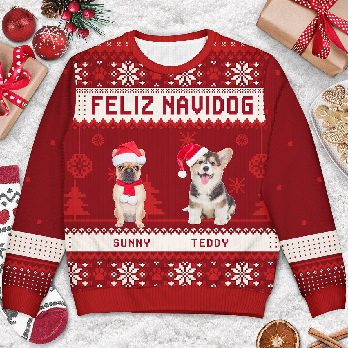 Custom Photo Feliz Navidog Merry Woofmas - Christmas Gift For Dog Lovers - Personalized Unisex Ugly Sweater