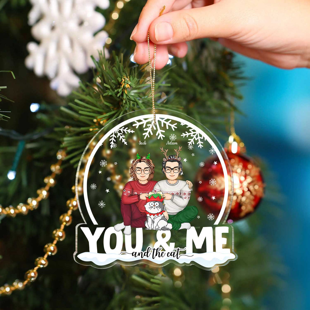 You & Me And The Cats Snow Globe - Christmas Gift For Cat Lovers, Couples - Personalized Custom Shaped Acrylic Ornament