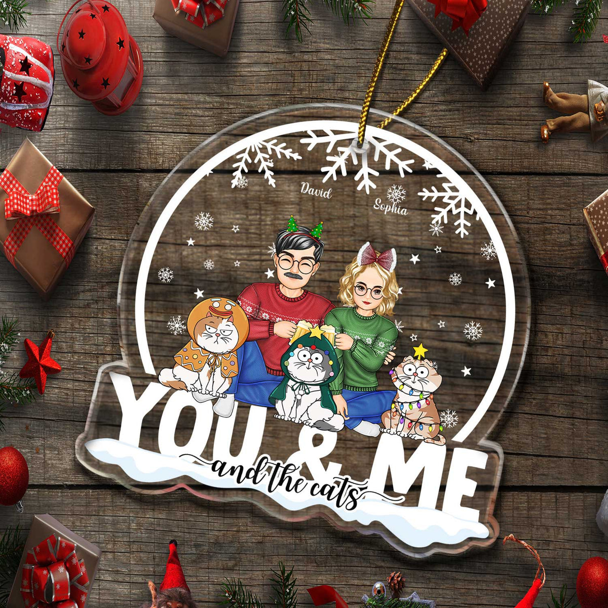 You & Me And The Cats Snow Globe - Christmas Gift For Cat Lovers, Couples - Personalized Custom Shaped Acrylic Ornament