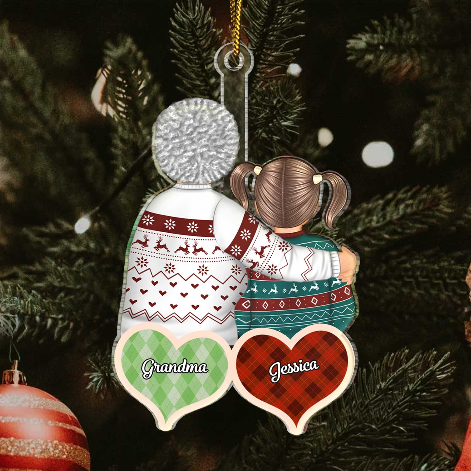 Checkered Pattern Hearts - Christmas Gift For Mom, Grandma, Daughter, Son, Grandkid - Personalized Cutout Acrylic Ornament