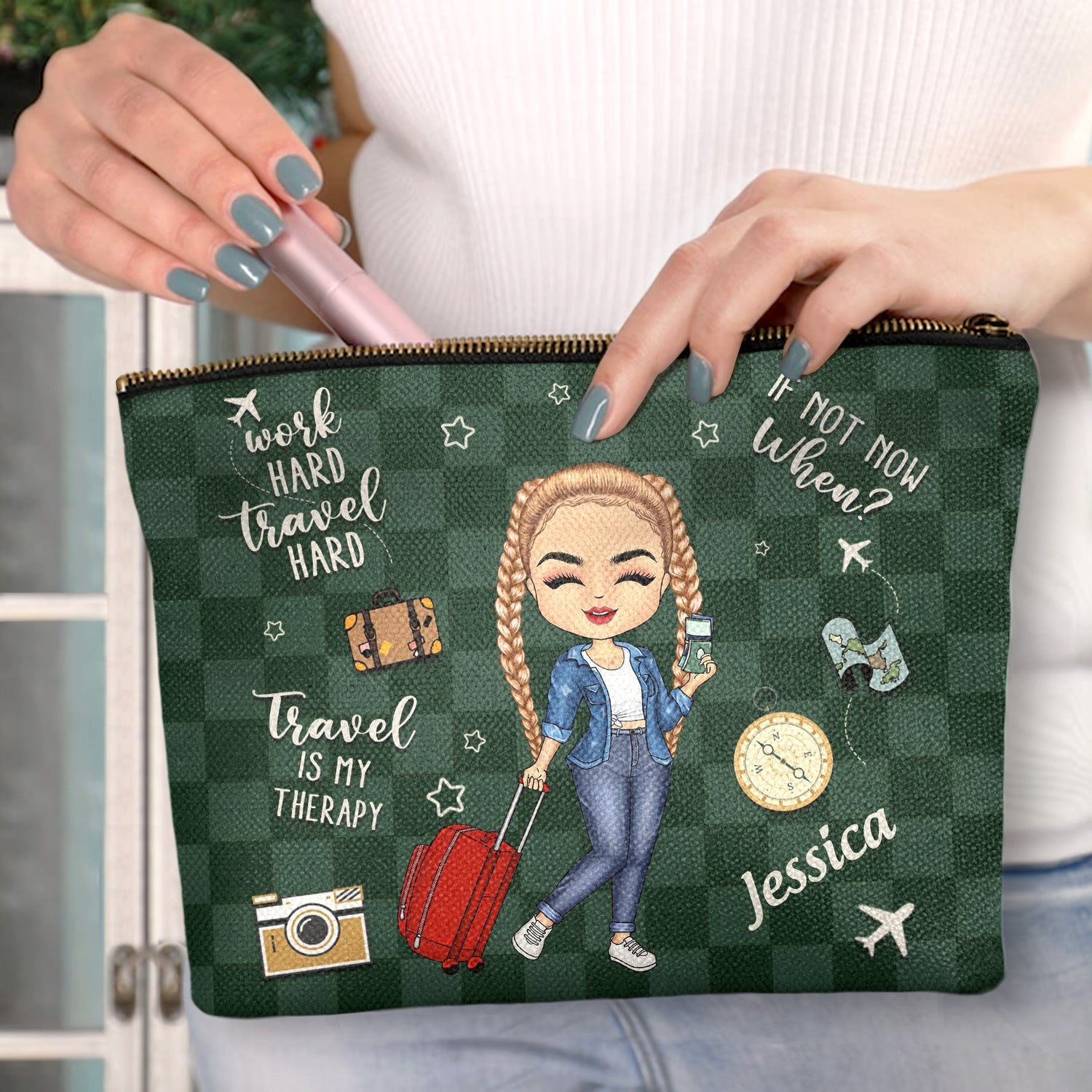 Travel Is My Therapy All My Travel Crap - Gift For Her, Traveling Lovers, Vacation Lovers - Personalized Cosmetic Bag