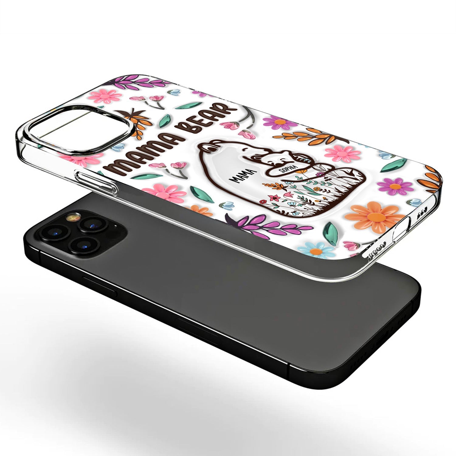 Mama Bear Floral Style - Birthday, Loving Gift For Mom, Mother, Grandma, Grandmother - 3D Inflated Effect Printed, Personalized Clear Phone Case