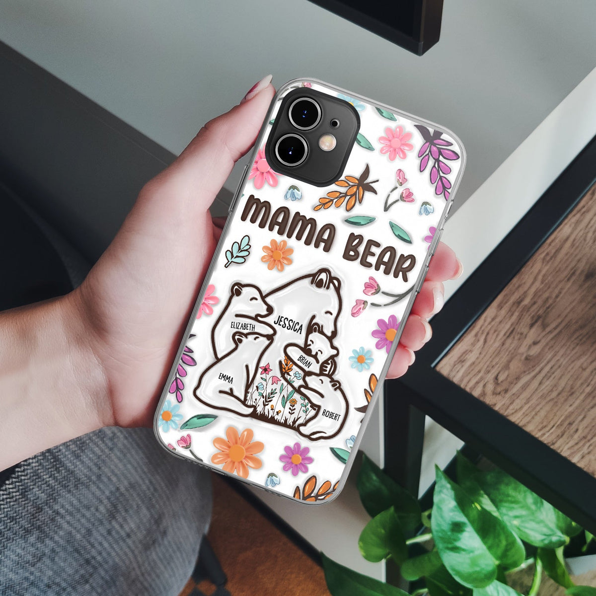 Mama Bear Floral Style - Birthday, Loving Gift For Mom, Mother, Grandma, Grandmother - 3D Inflated Effect Printed, Personalized Clear Phone Case