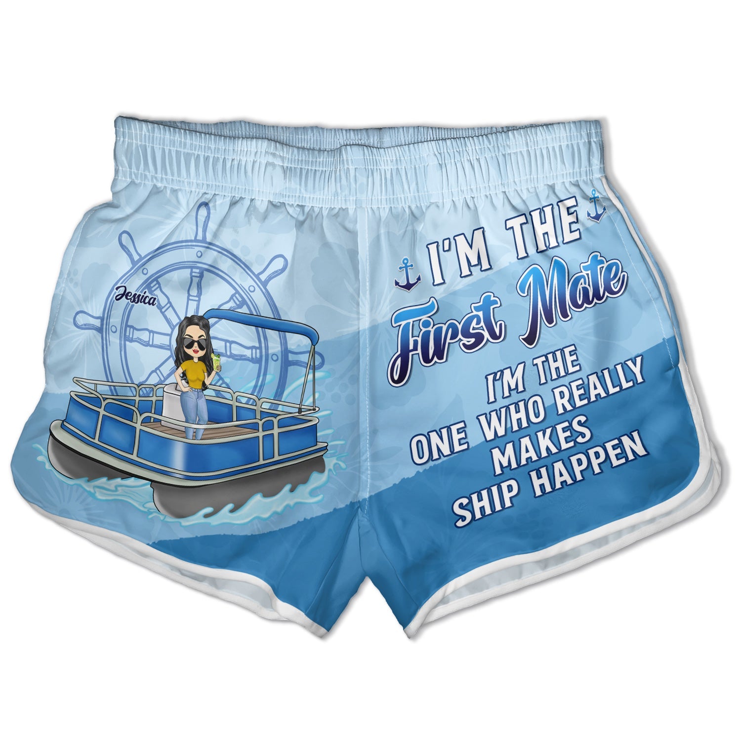 Pontoon Couple I'm The Captain I'm The First Mate - Gift For Husband, Wife, Pontooning Lovers, Lake Lovers, Travelers - Personalized Couple Beach Shorts