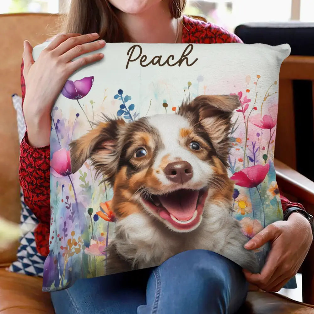 Custom Photo Dog Cat Watercolor Wildflowers - Personalized Pillow