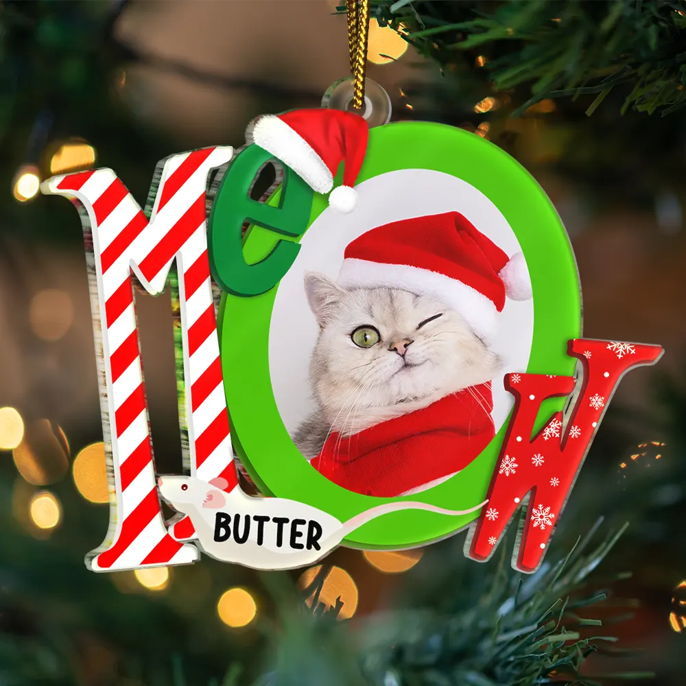 Custom Photo Cat Meowy Christmas - Personalized Custom Shaped Acrylic Ornament